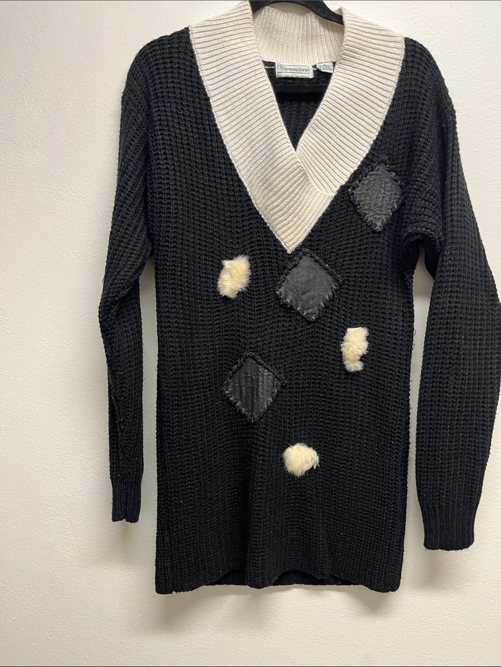 Vintage Black V-Neck Embellished Sweater with Off White Collar by Shenanigans